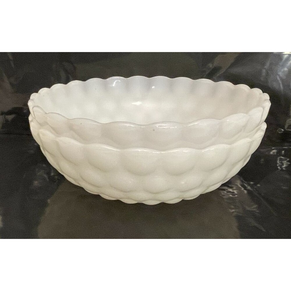 (2) Lot Vintage Anchor Hocking White Milk Glass Bubble Vegetable Serving Bowl 8”